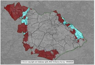 Areas shown as a blue shade where First Homes exception sites can in principle come forward