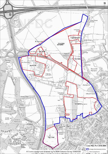 Map showing area of Strategic Site 1: Land to the north of Totton map with planning applications lined red
