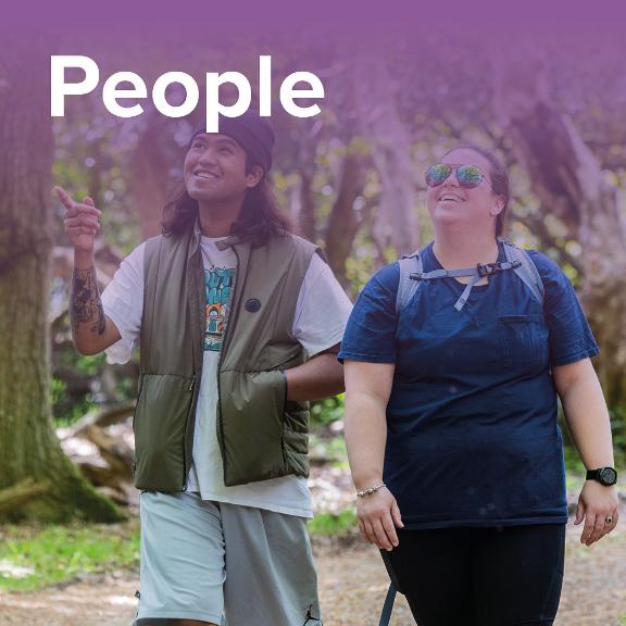 People priorities box 3 people enjoying a walk in a forest